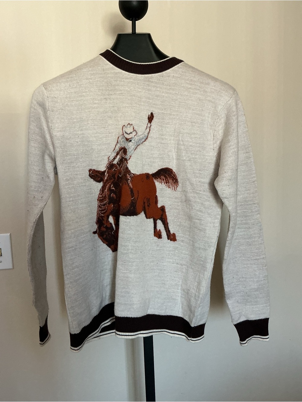 Stitch Note Cream Crewneck Sweater with Brown Rodeo Horse
